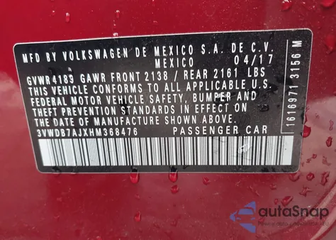 2017 Volkswagen Jetta 1.4T Se z USA, uszkodzony, nr VIN 3VWDB7AJXHM368476